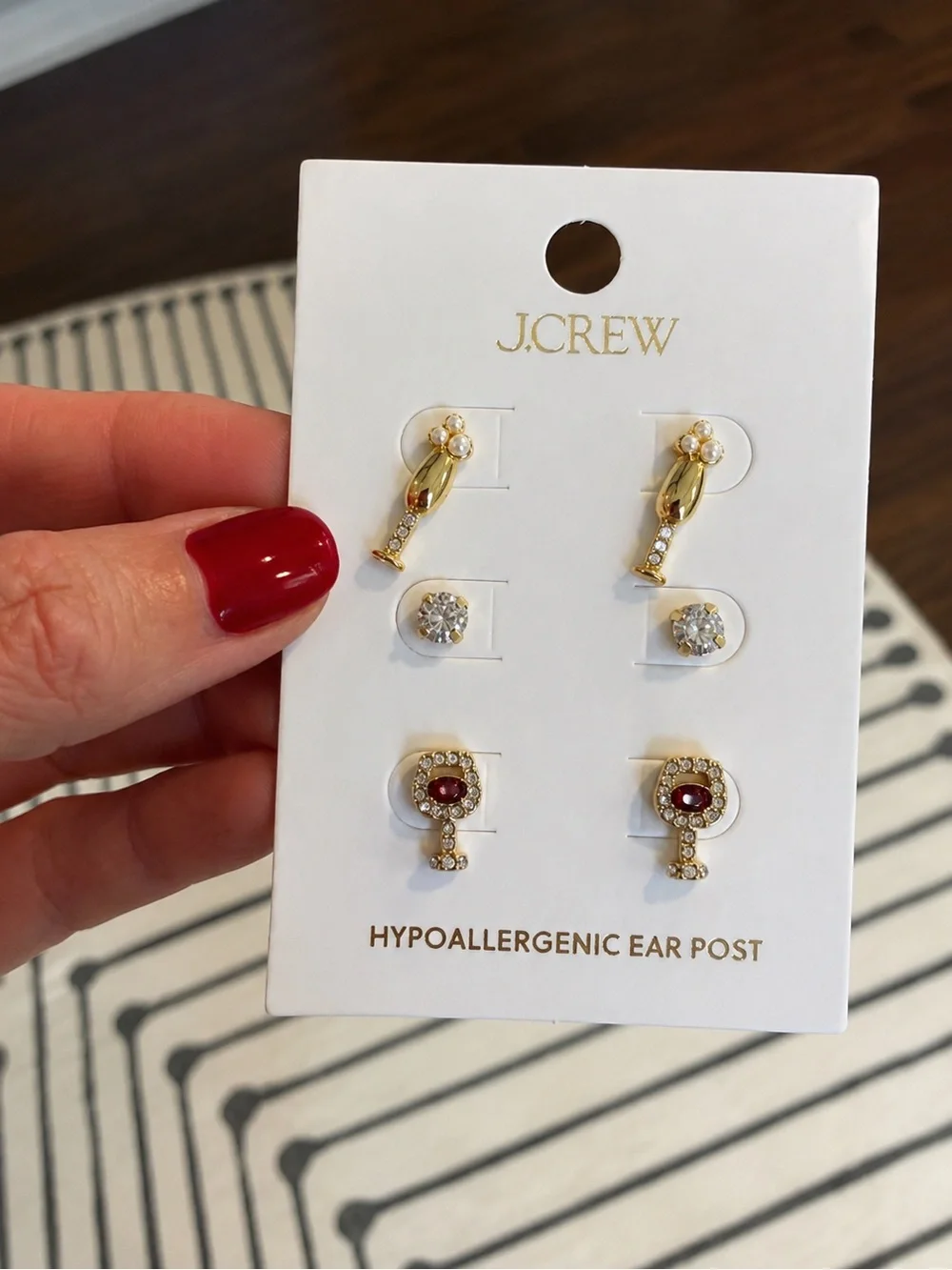 J. Crew Gold-Plated Earring Set with Red and Clear Stones 🍷✨